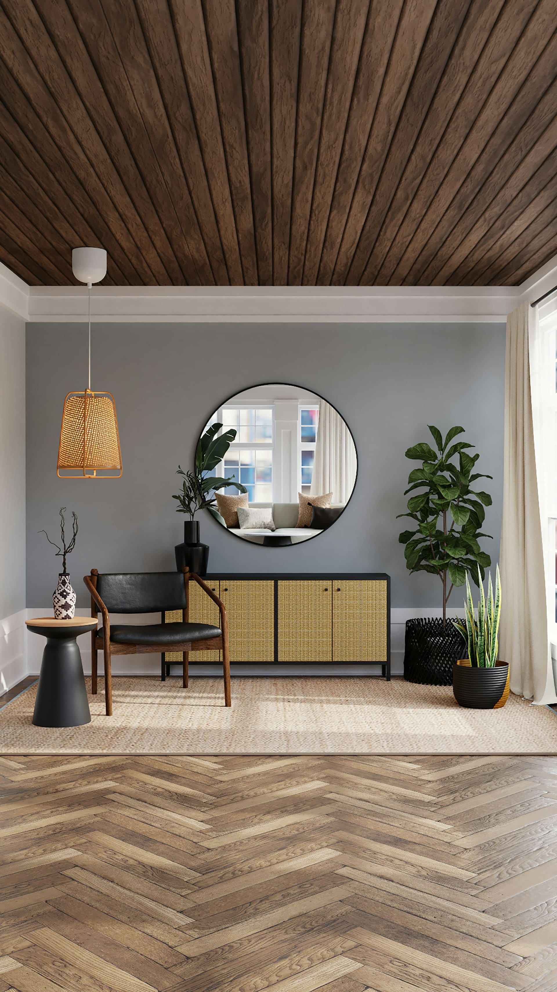 A hallway with a herringbone oak floor, a slatted timber ceiling, a round mirror and a woven pendant over a console.