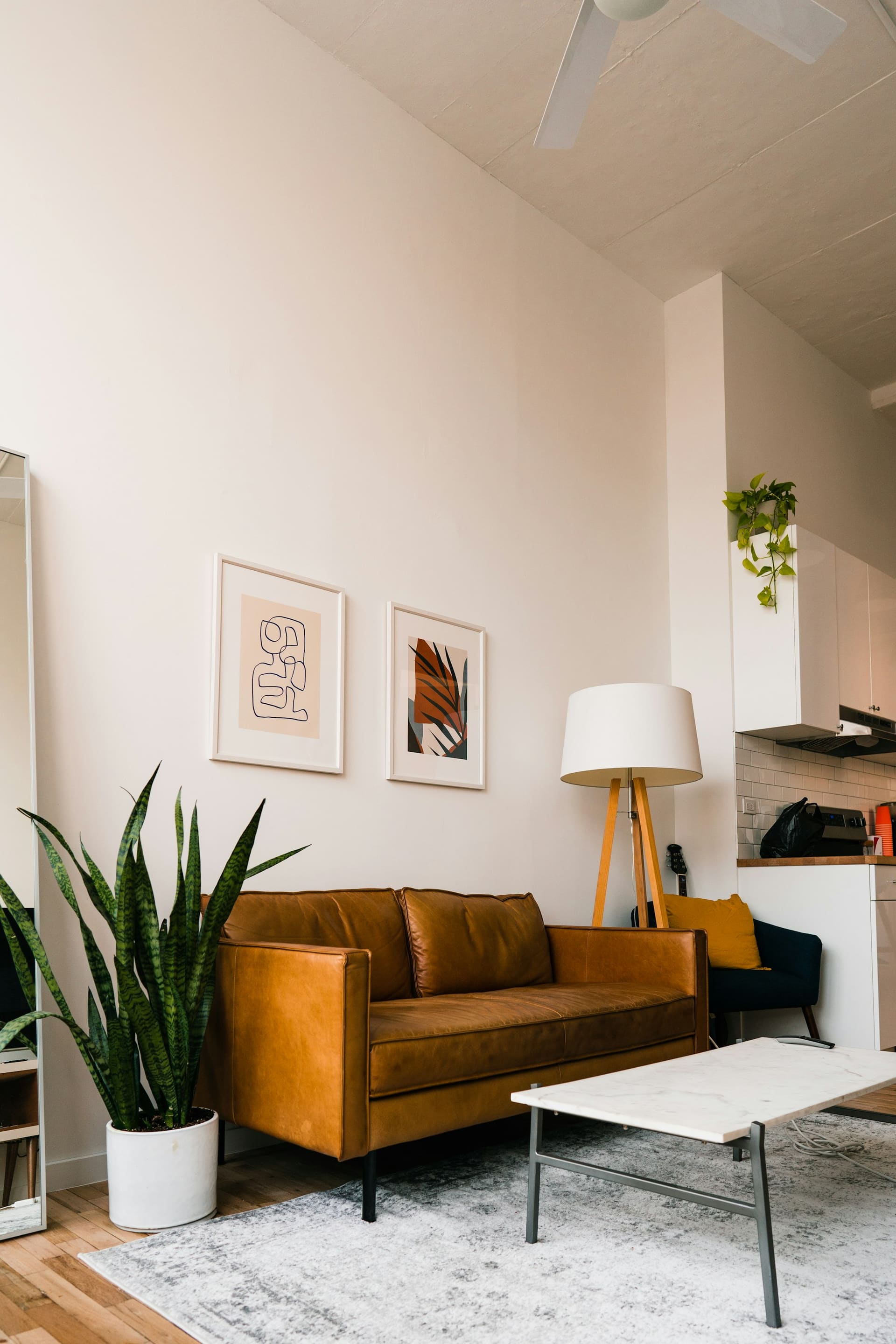 A tan leather sofa beneath framed prints in a small white living room, with a snake plant and a tripod lamp.