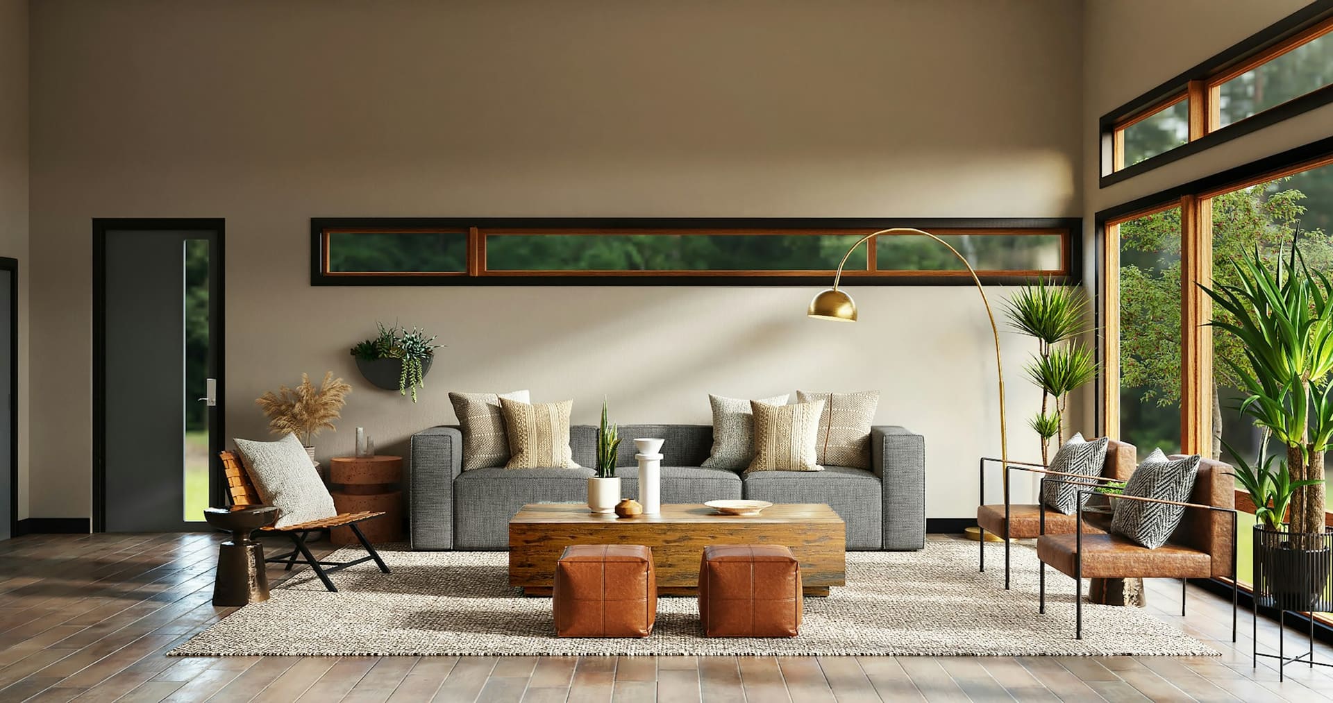 A long open living room with a pale sofa, rust-coloured ottomans and a clerestory window running the length of the wall.
