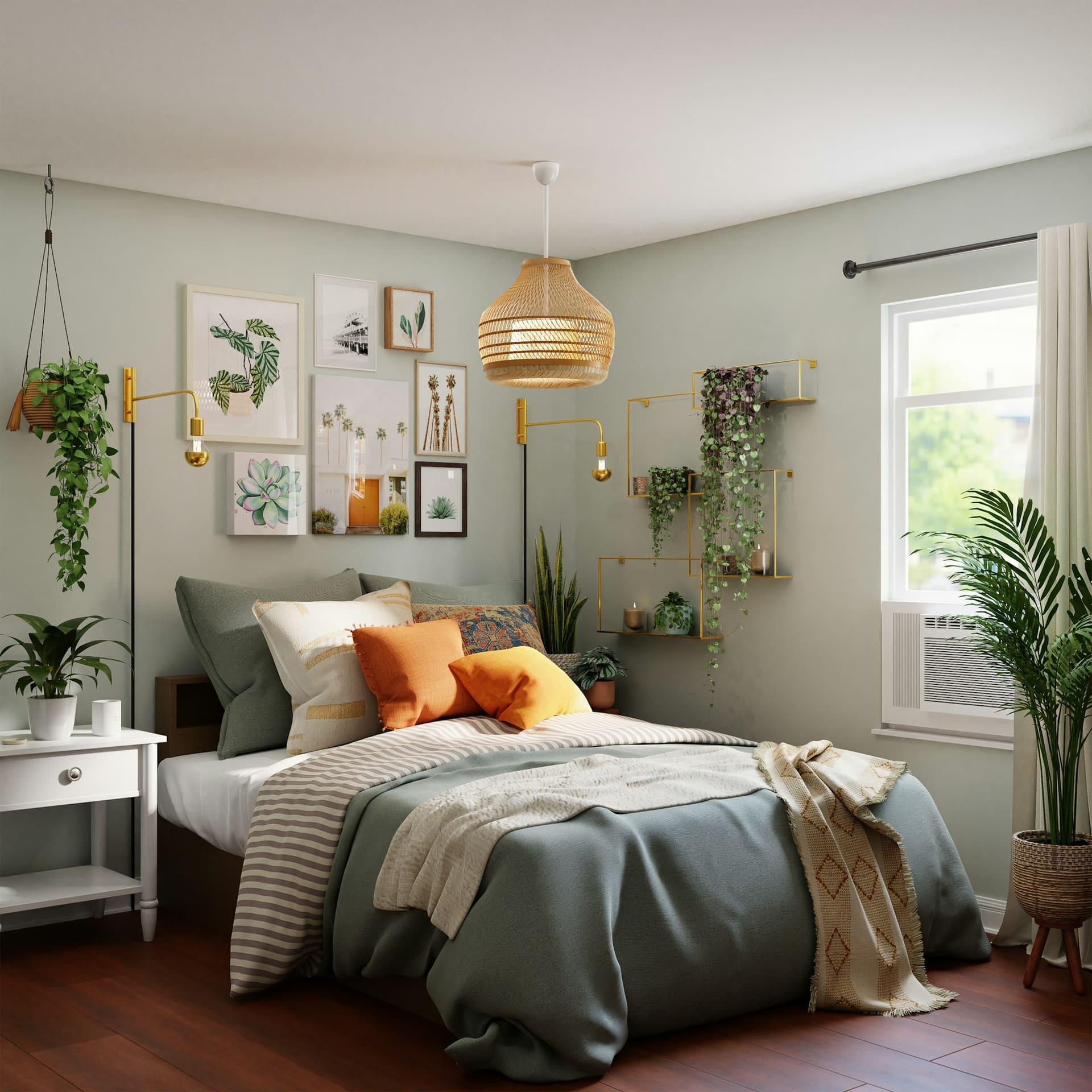 A bedroom with a sage wall, a rattan pendant, botanical prints and a bed layered in grey and orange linens.