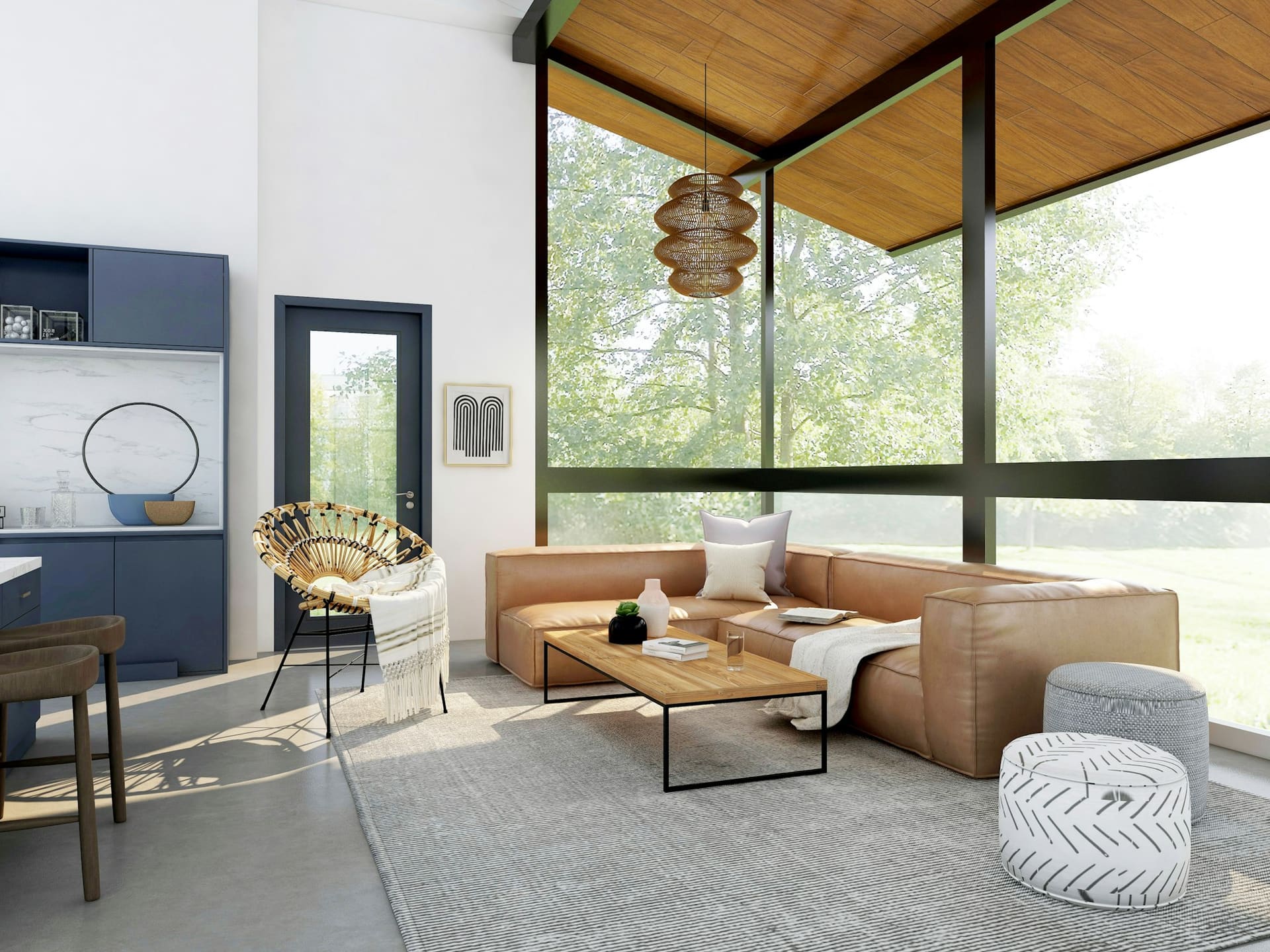 A glazed sunroom with a tan leather sectional, a timber coffee table and a woven rattan pendant under a timber ceiling.