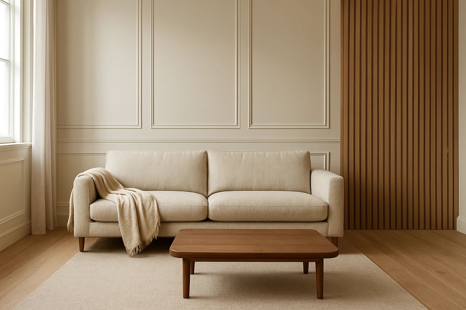 Living room wall panelling with oak slats