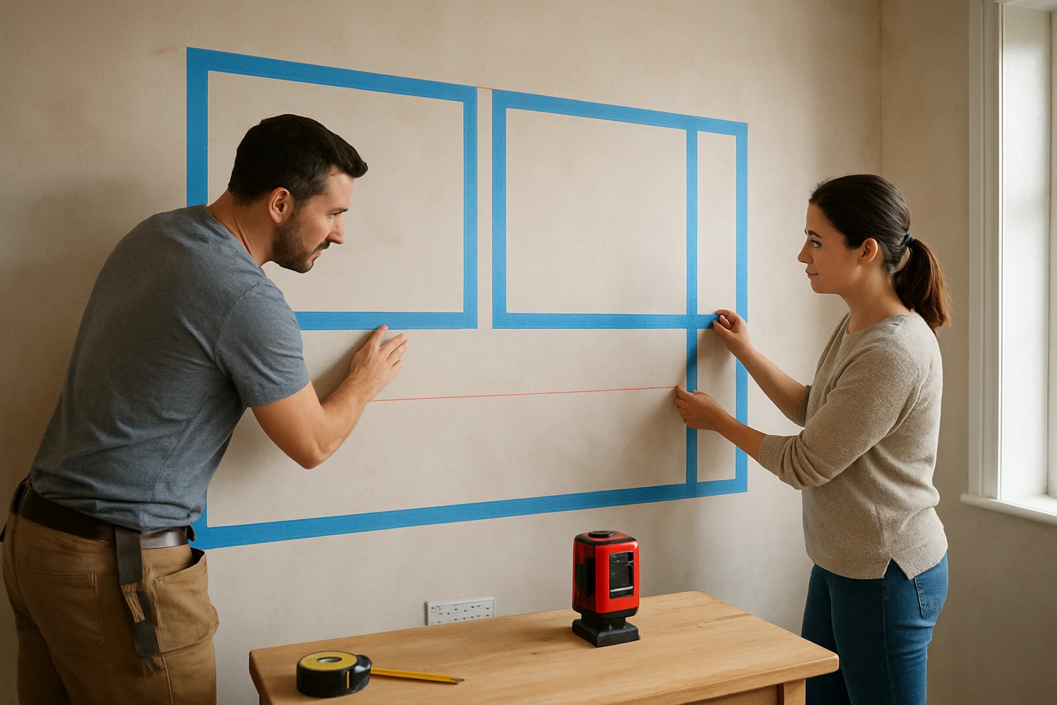 Living room wall panelling layout with tape