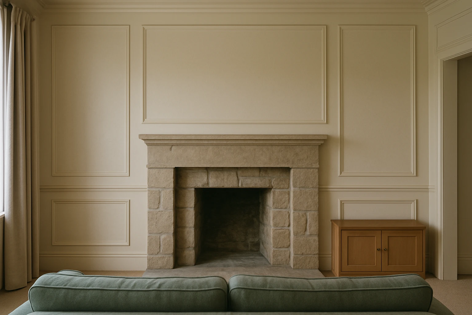 Painted living room panelling around a fireplace