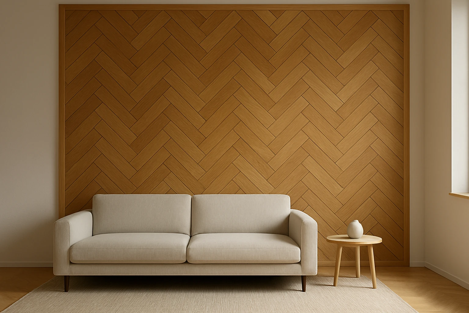 Herringbone wood panelling behind a cream sofa