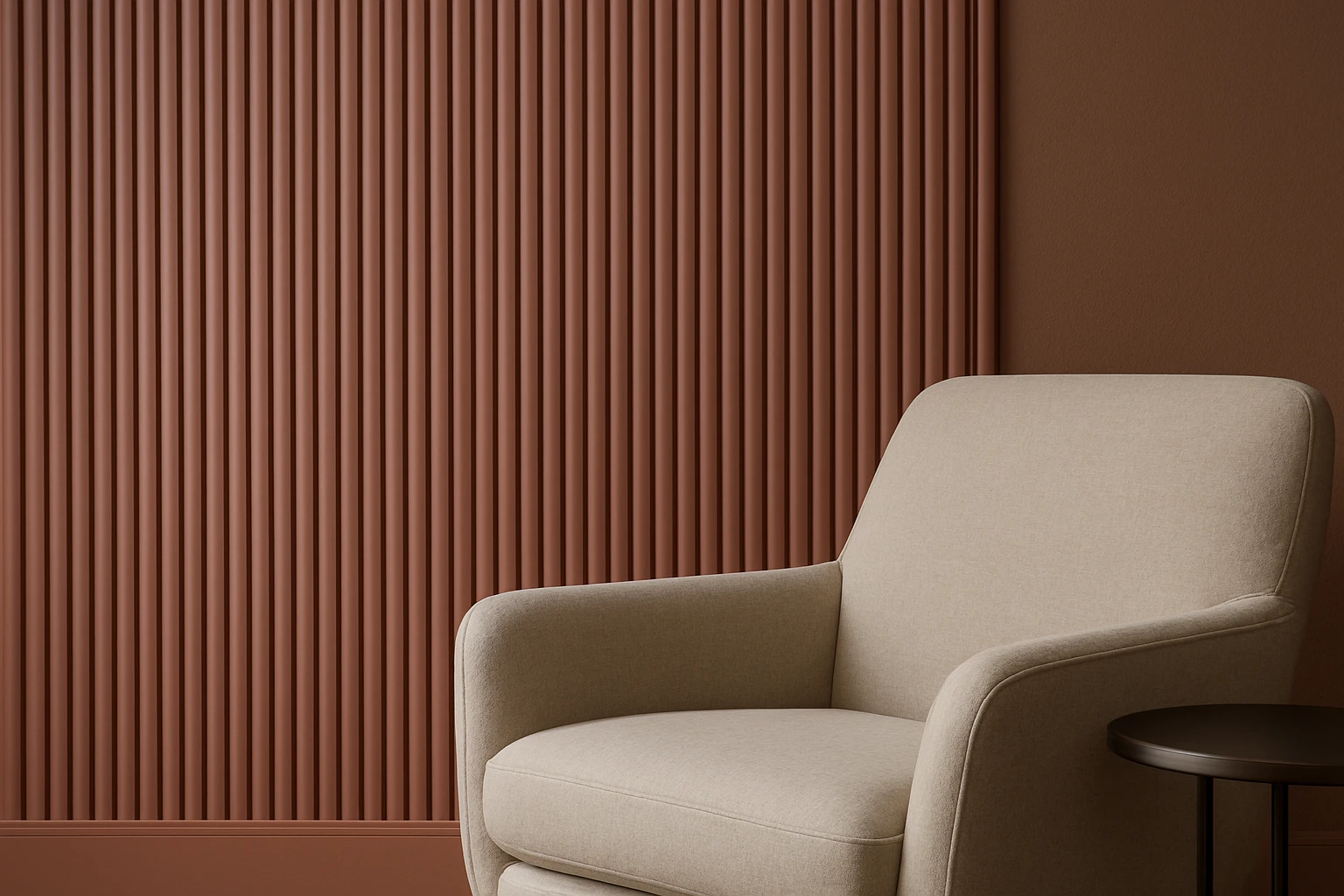 Clay reeded wall panelling behind a living room