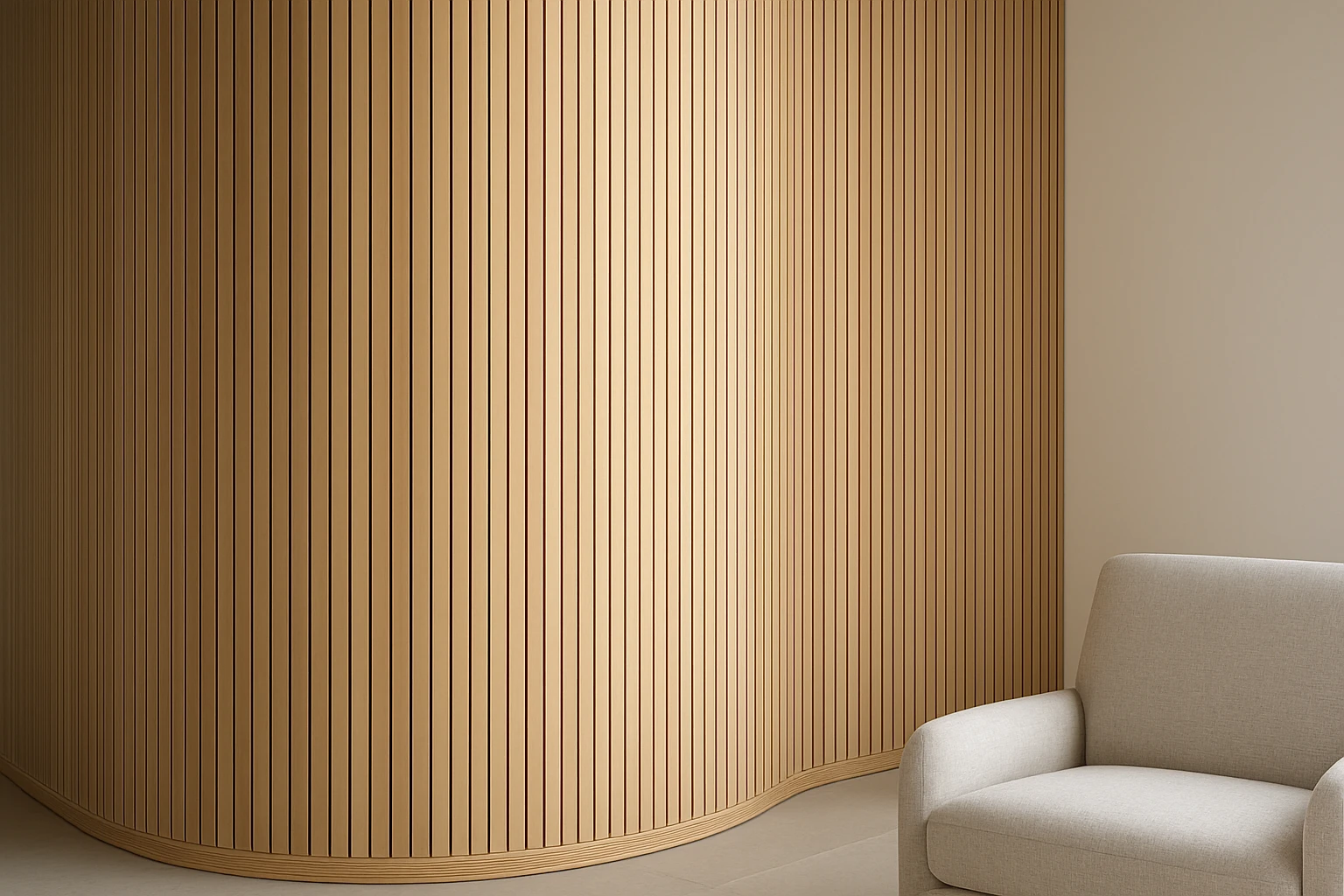 Curved oak wall panelling around living room corner
