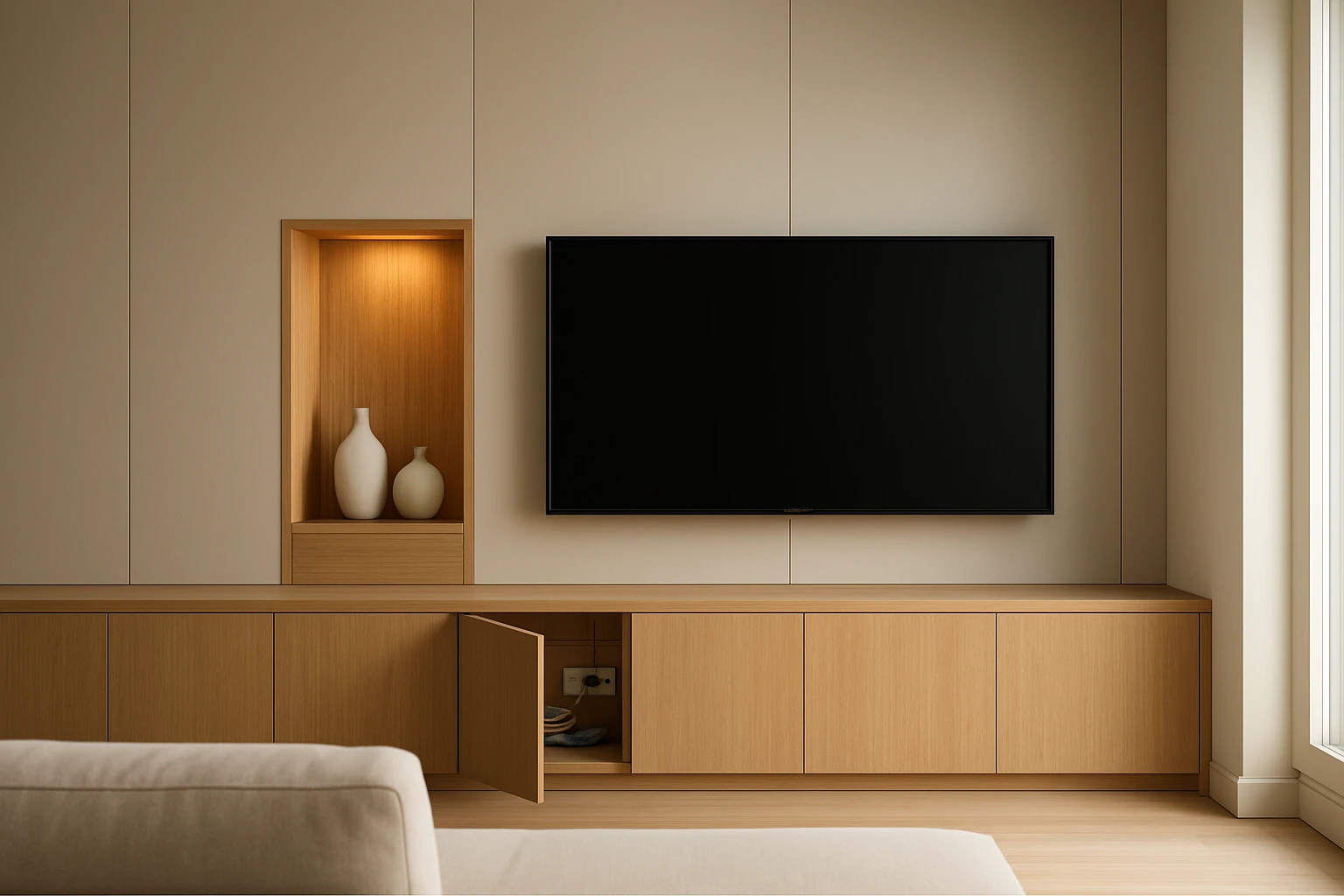 Wall panelling with integrated TV storage and lighting
