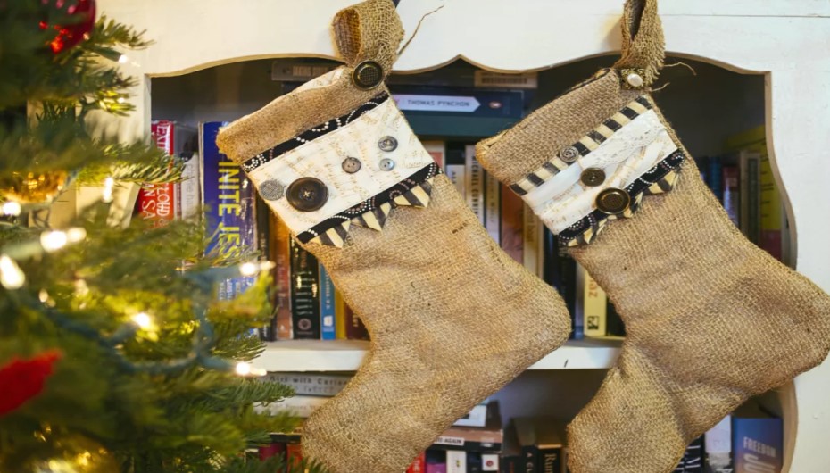 Stocking Hanging on a Bookcase or Bookshelf