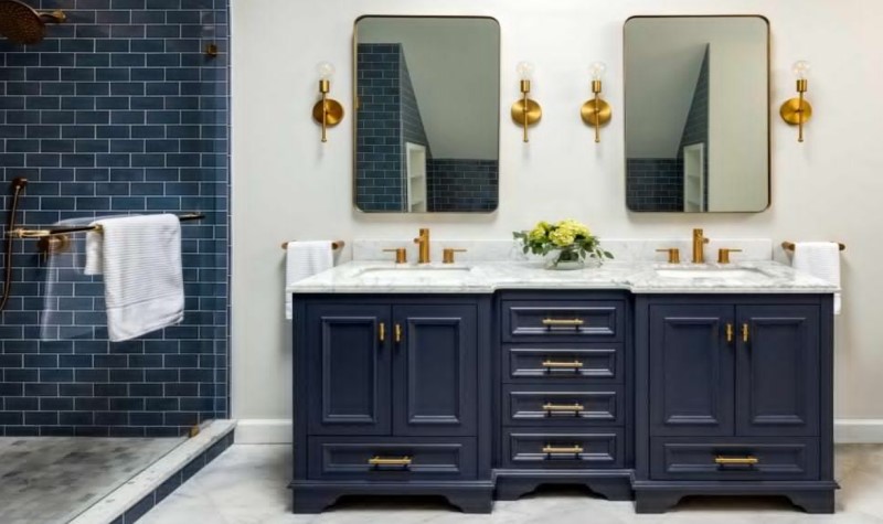 Apply Golden Accents - navy blue bathroom design