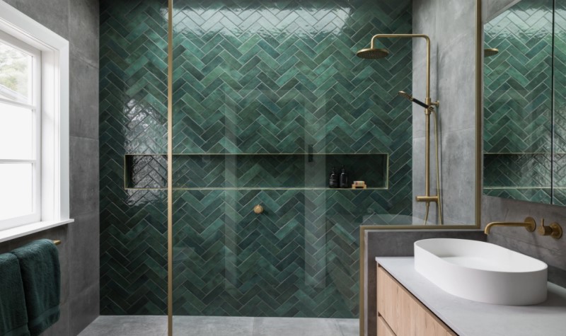 Incorporate Glass Shower Door - dark green bathroom decor