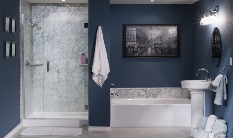 Incorporate Marble Features - modern navy blue bathroom idea