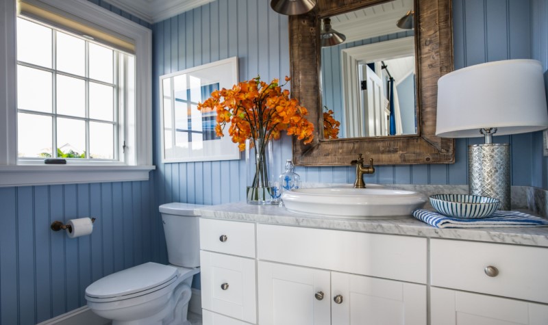 Install Shiplap Or Wainscoting - modern navy blue bathroom design