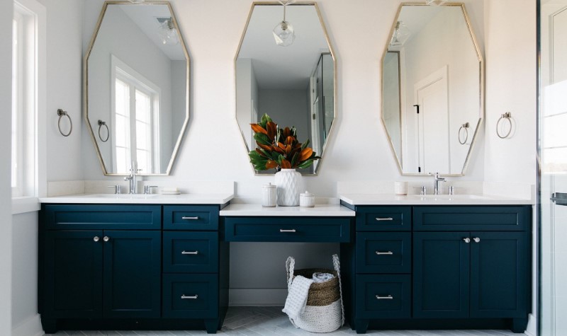 Navy Blue Cabinets & Mirror - modern navy blue bathrooms