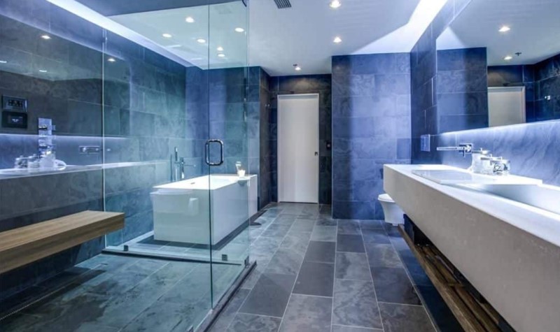 Navy Blue & Glass Elements - modern navy blue bathroom ideas