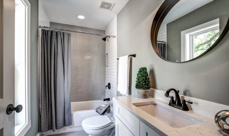 Cozy Textile Touches - gray modern farmhouse bathroom