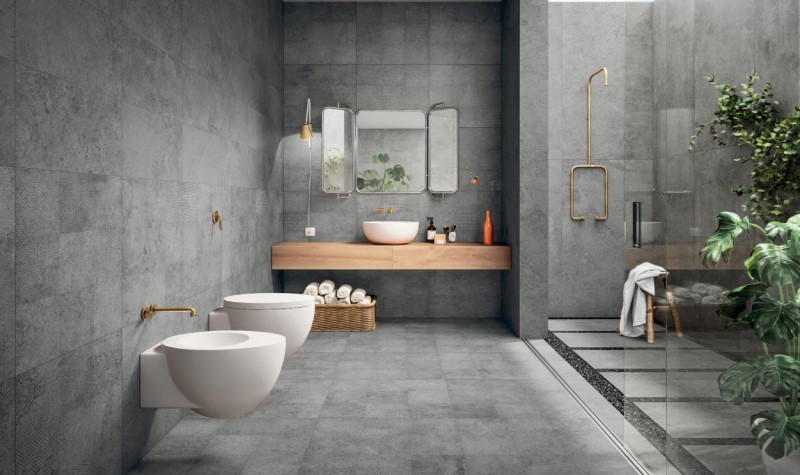 Floor Tiles - modern grey farmhouse bathroom