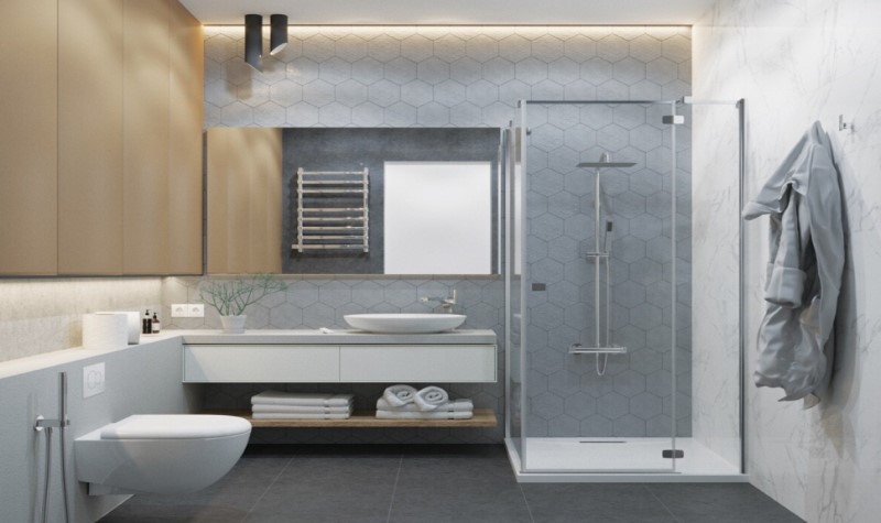 Incorporate Glass Elements - grey modern farmhouse bathrooms