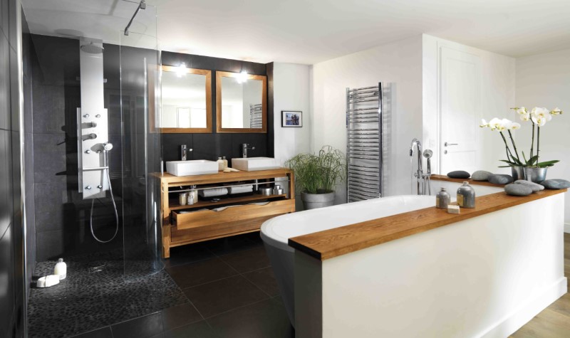 Incorporate Wooden Accents - grey modern farmhouse bathroom design